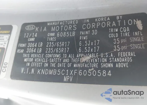 2015 Kia Sedona Lx из США, поврежденный, VIN KNDMB5C1XF6050584